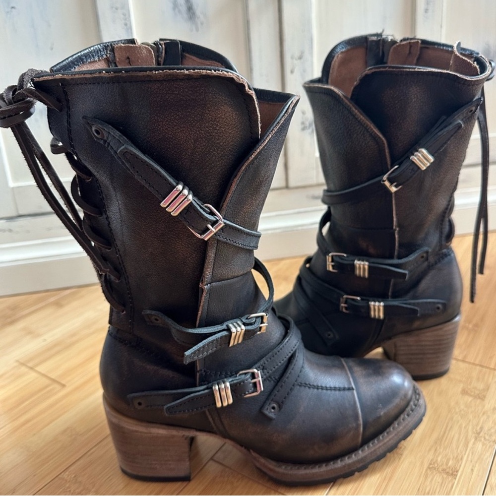 Freebird by Steven Steve Madden Cora Boho Distressed Buckle Lace Up Slouch Boots - Picture 6 of 7